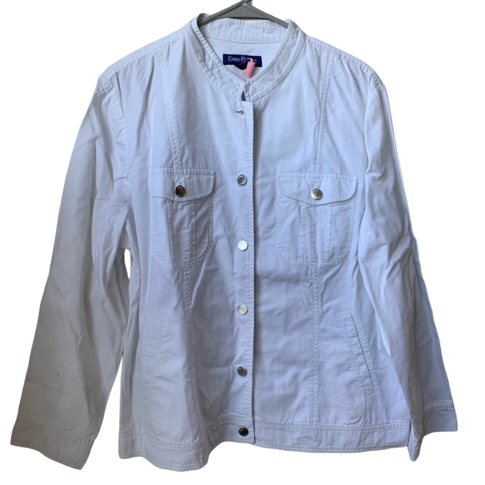 EVAN PICONE Women’s White Stand Up Collar Long Sleeve Cotton Jean Jacket